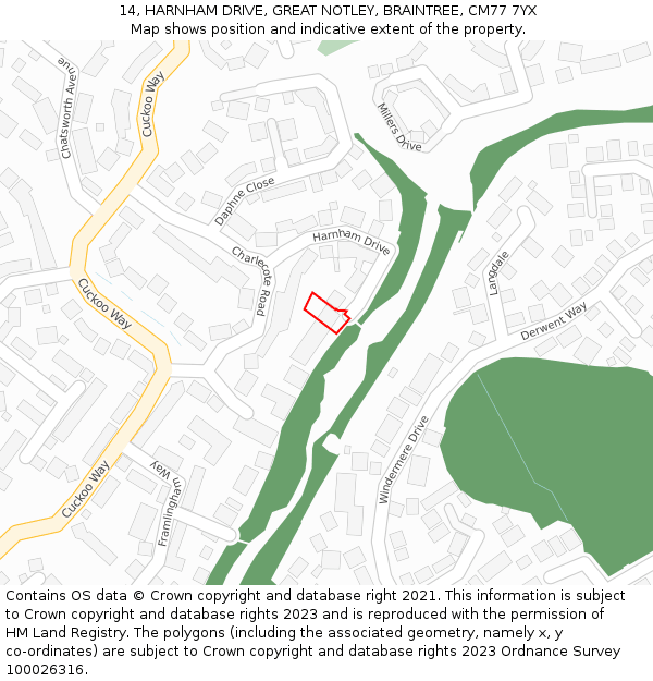 14, HARNHAM DRIVE, GREAT NOTLEY, BRAINTREE, CM77 7YX: Location map and indicative extent of plot
