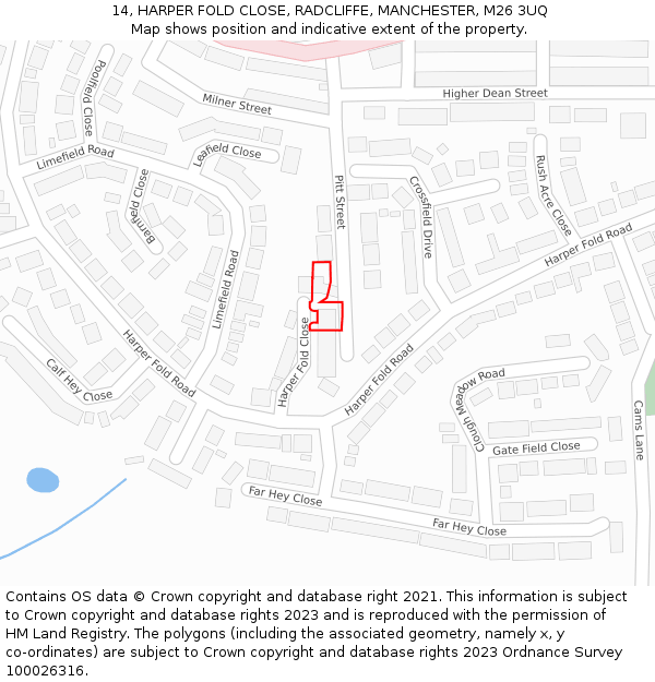 14, HARPER FOLD CLOSE, RADCLIFFE, MANCHESTER, M26 3UQ: Location map and indicative extent of plot