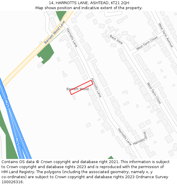 14, HARRIOTTS LANE, ASHTEAD, KT21 2QH: Location map and indicative extent of plot