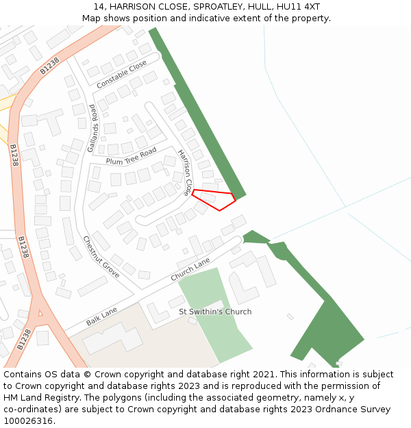 14, HARRISON CLOSE, SPROATLEY, HULL, HU11 4XT: Location map and indicative extent of plot