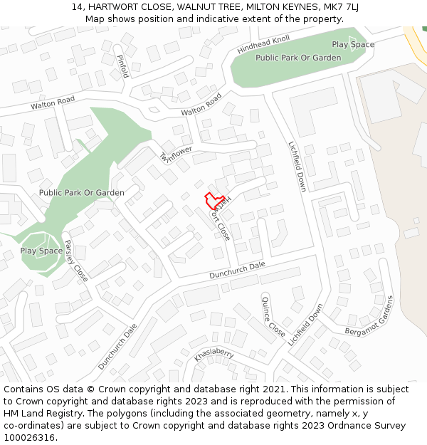 14, HARTWORT CLOSE, WALNUT TREE, MILTON KEYNES, MK7 7LJ: Location map and indicative extent of plot