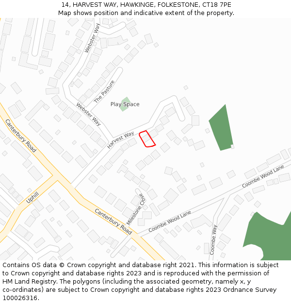 14, HARVEST WAY, HAWKINGE, FOLKESTONE, CT18 7PE: Location map and indicative extent of plot
