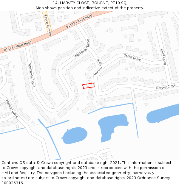 14, HARVEY CLOSE, BOURNE, PE10 9QJ: Location map and indicative extent of plot