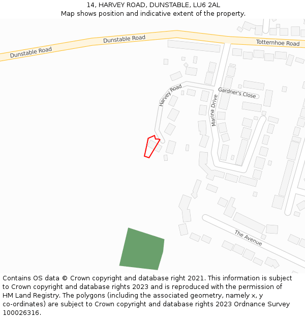 14, HARVEY ROAD, DUNSTABLE, LU6 2AL: Location map and indicative extent of plot