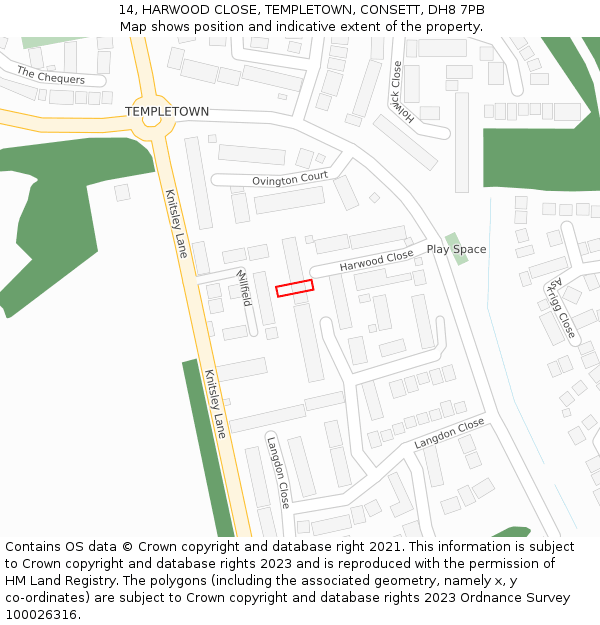 14, HARWOOD CLOSE, TEMPLETOWN, CONSETT, DH8 7PB: Location map and indicative extent of plot