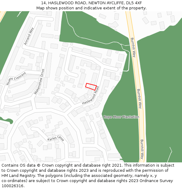 14, HASLEWOOD ROAD, NEWTON AYCLIFFE, DL5 4XF: Location map and indicative extent of plot