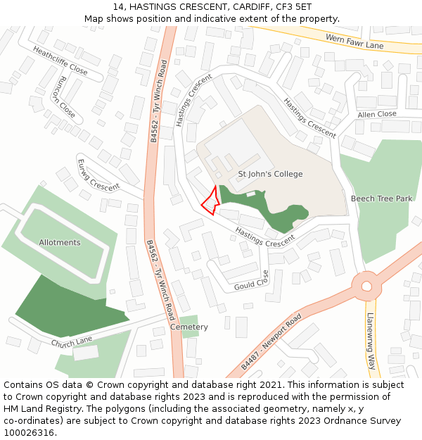 14, HASTINGS CRESCENT, CARDIFF, CF3 5ET: Location map and indicative extent of plot