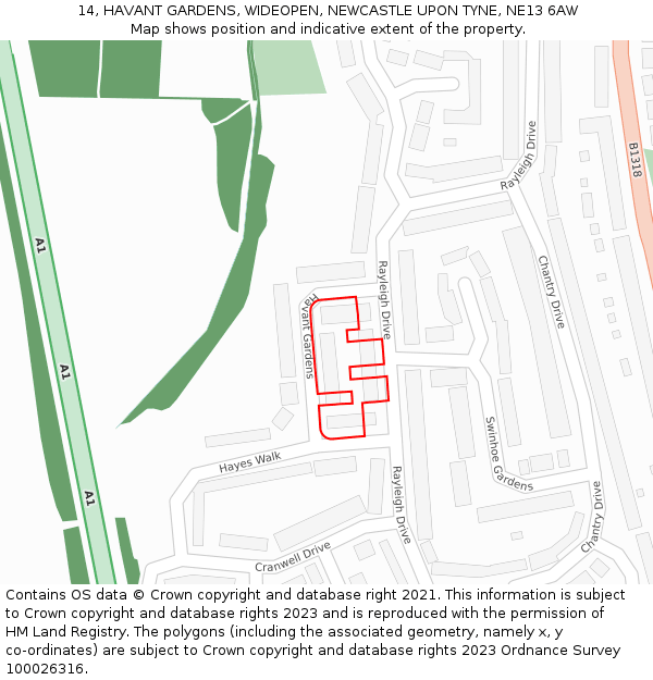 14, HAVANT GARDENS, WIDEOPEN, NEWCASTLE UPON TYNE, NE13 6AW: Location map and indicative extent of plot