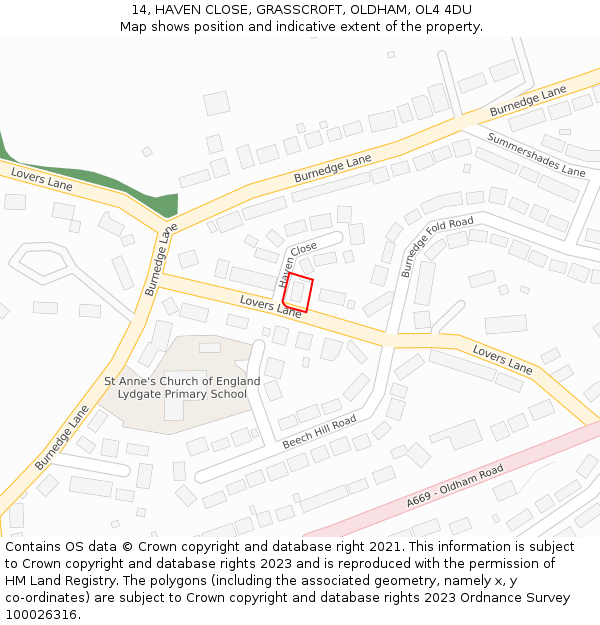 14, HAVEN CLOSE, GRASSCROFT, OLDHAM, OL4 4DU: Location map and indicative extent of plot