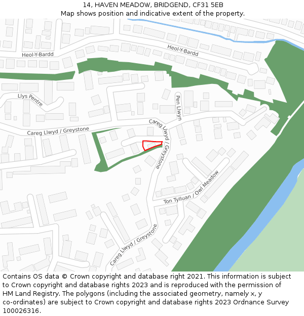 14, HAVEN MEADOW, BRIDGEND, CF31 5EB: Location map and indicative extent of plot