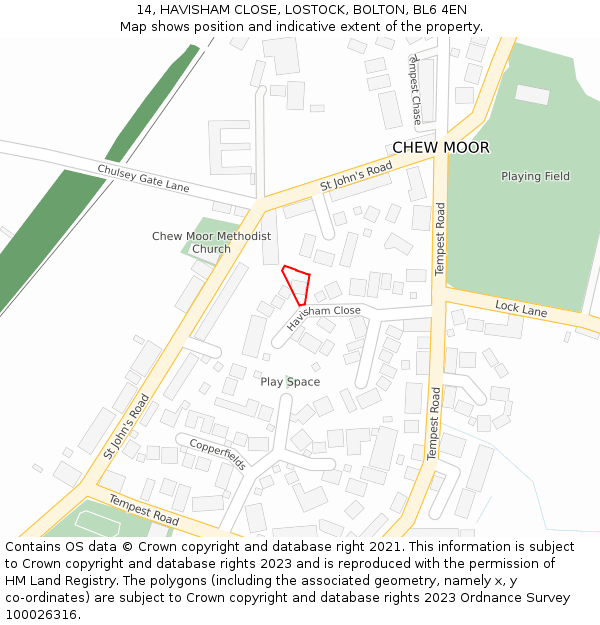 14, HAVISHAM CLOSE, LOSTOCK, BOLTON, BL6 4EN: Location map and indicative extent of plot