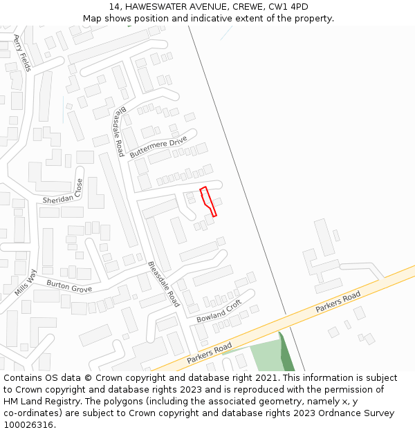 14, HAWESWATER AVENUE, CREWE, CW1 4PD: Location map and indicative extent of plot