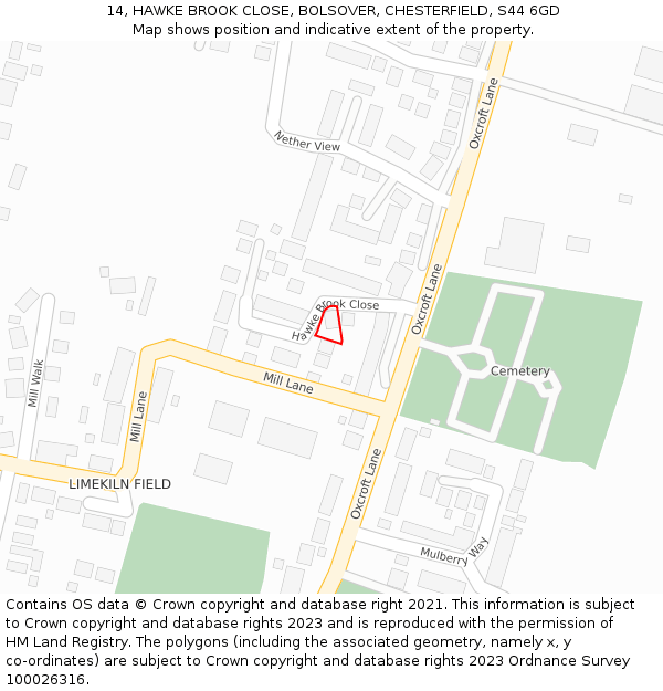 14, HAWKE BROOK CLOSE, BOLSOVER, CHESTERFIELD, S44 6GD: Location map and indicative extent of plot