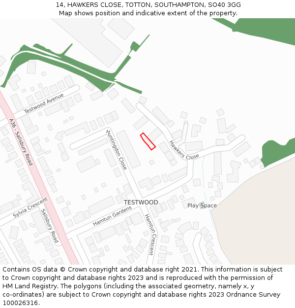 14, HAWKERS CLOSE, TOTTON, SOUTHAMPTON, SO40 3GG: Location map and indicative extent of plot