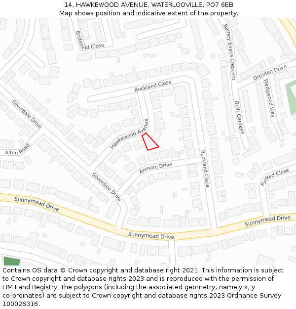14, HAWKEWOOD AVENUE, WATERLOOVILLE, PO7 6EB: Location map and indicative extent of plot