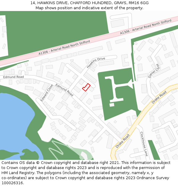 14, HAWKINS DRIVE, CHAFFORD HUNDRED, GRAYS, RM16 6GG: Location map and indicative extent of plot