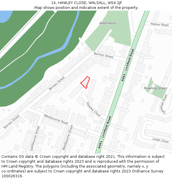 14, HAWLEY CLOSE, WALSALL, WS4 2JF: Location map and indicative extent of plot