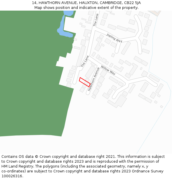 14, HAWTHORN AVENUE, HAUXTON, CAMBRIDGE, CB22 5JA: Location map and indicative extent of plot