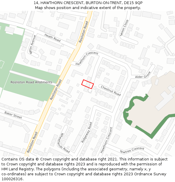 14, HAWTHORN CRESCENT, BURTON-ON-TRENT, DE15 9QP: Location map and indicative extent of plot