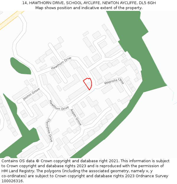 14, HAWTHORN DRIVE, SCHOOL AYCLIFFE, NEWTON AYCLIFFE, DL5 6GH: Location map and indicative extent of plot