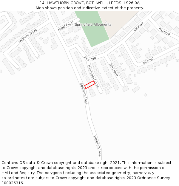 14, HAWTHORN GROVE, ROTHWELL, LEEDS, LS26 0AJ: Location map and indicative extent of plot
