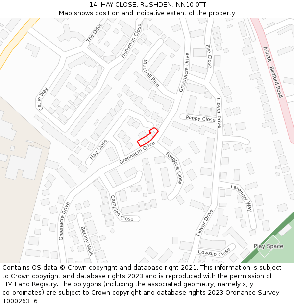 14, HAY CLOSE, RUSHDEN, NN10 0TT: Location map and indicative extent of plot