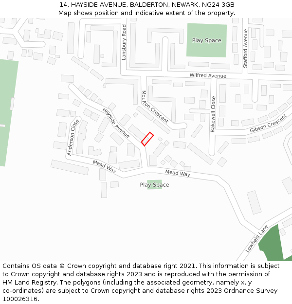 14, HAYSIDE AVENUE, BALDERTON, NEWARK, NG24 3GB: Location map and indicative extent of plot