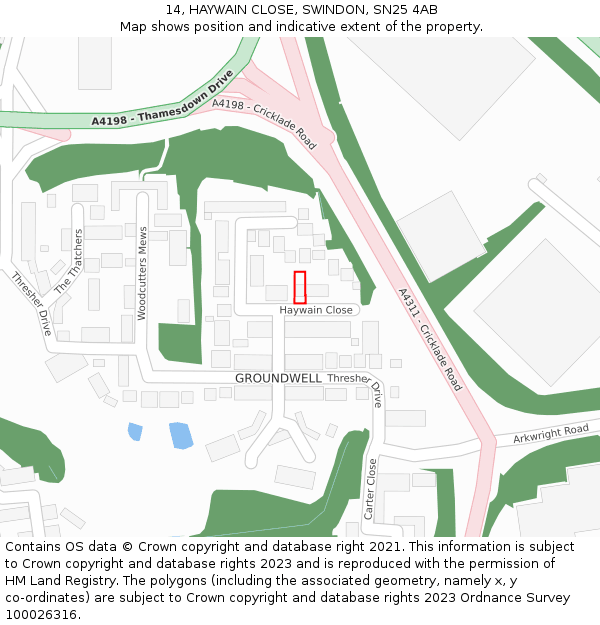 14, HAYWAIN CLOSE, SWINDON, SN25 4AB: Location map and indicative extent of plot