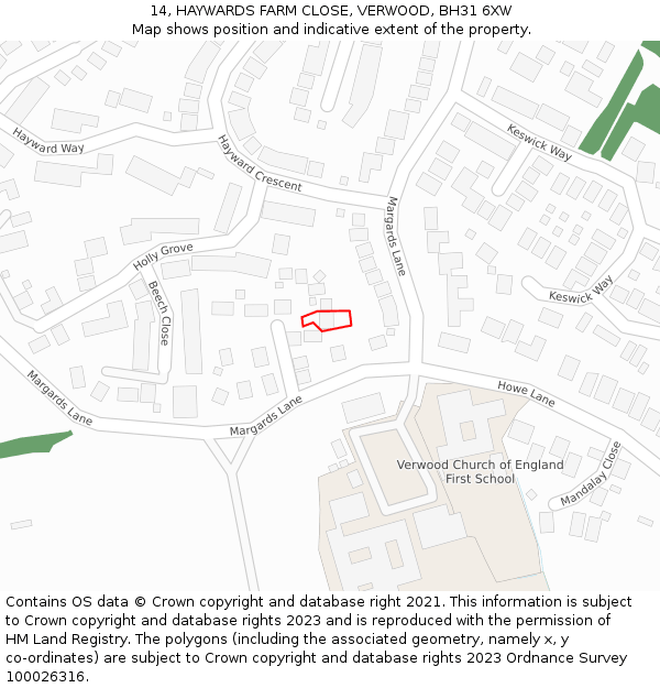 14, HAYWARDS FARM CLOSE, VERWOOD, BH31 6XW: Location map and indicative extent of plot