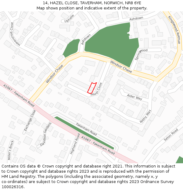 14, HAZEL CLOSE, TAVERHAM, NORWICH, NR8 6YE: Location map and indicative extent of plot