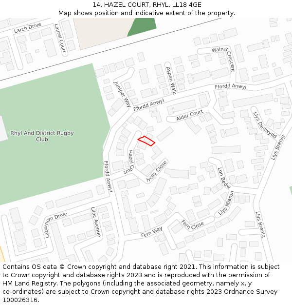 14, HAZEL COURT, RHYL, LL18 4GE: Location map and indicative extent of plot