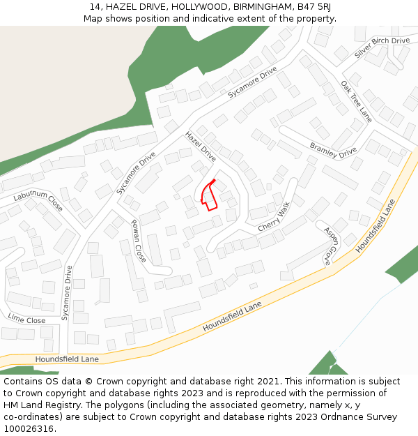 14, HAZEL DRIVE, HOLLYWOOD, BIRMINGHAM, B47 5RJ: Location map and indicative extent of plot