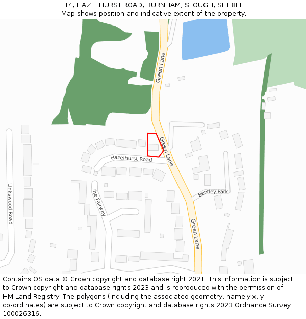 14, HAZELHURST ROAD, BURNHAM, SLOUGH, SL1 8EE: Location map and indicative extent of plot