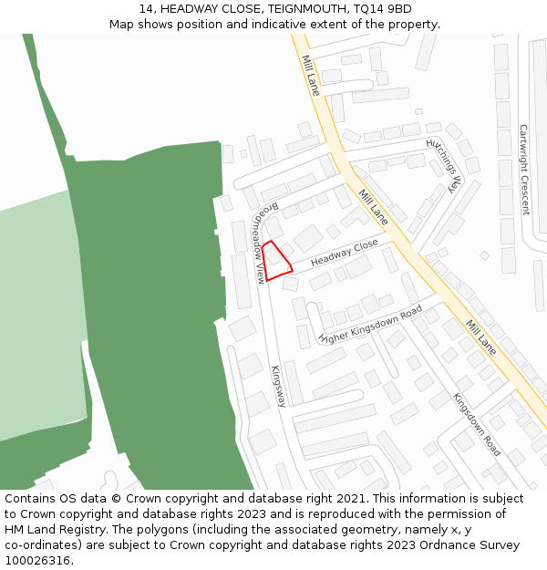 14, HEADWAY CLOSE, TEIGNMOUTH, TQ14 9BD: Location map and indicative extent of plot