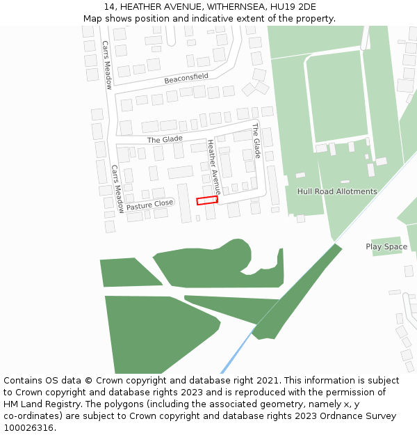 14, HEATHER AVENUE, WITHERNSEA, HU19 2DE: Location map and indicative extent of plot