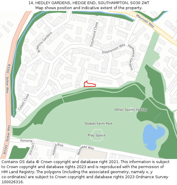 14, HEDLEY GARDENS, HEDGE END, SOUTHAMPTON, SO30 2WT: Location map and indicative extent of plot