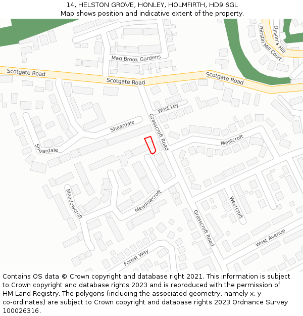 14, HELSTON GROVE, HONLEY, HOLMFIRTH, HD9 6GL: Location map and indicative extent of plot