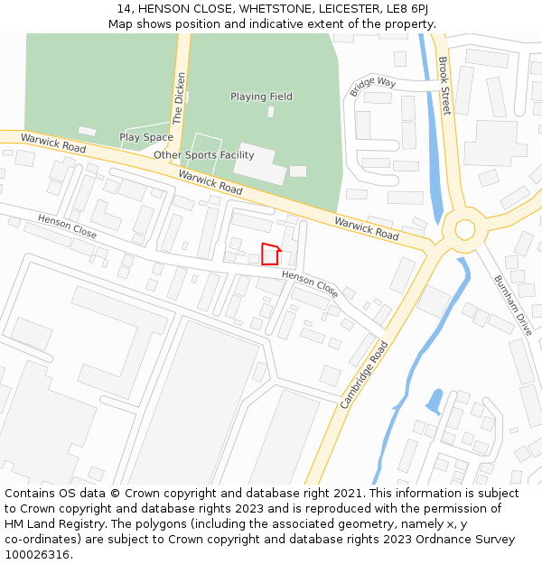 14, HENSON CLOSE, WHETSTONE, LEICESTER, LE8 6PJ: Location map and indicative extent of plot