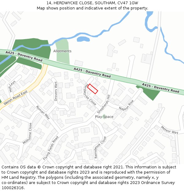 14, HERDWYCKE CLOSE, SOUTHAM, CV47 1GW: Location map and indicative extent of plot
