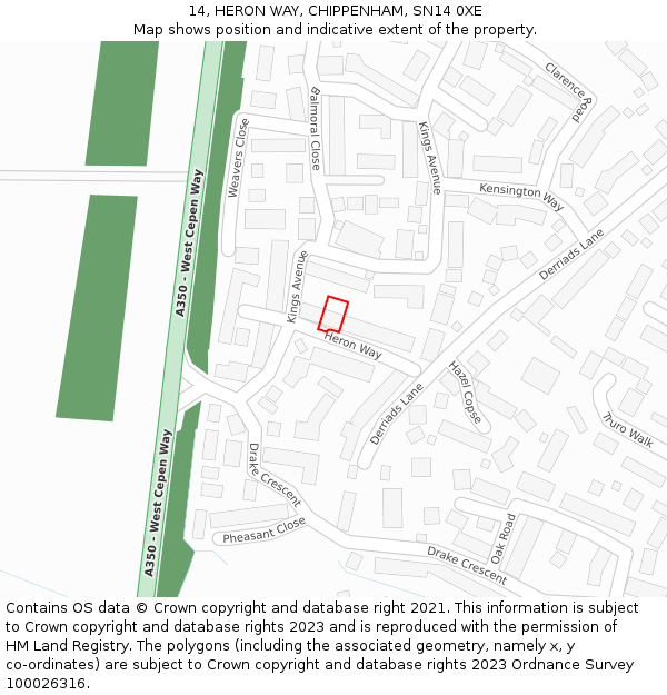 14, HERON WAY, CHIPPENHAM, SN14 0XE: Location map and indicative extent of plot