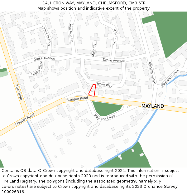 14, HERON WAY, MAYLAND, CHELMSFORD, CM3 6TP: Location map and indicative extent of plot