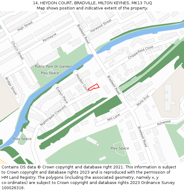 14, HEYDON COURT, BRADVILLE, MILTON KEYNES, MK13 7UQ: Location map and indicative extent of plot