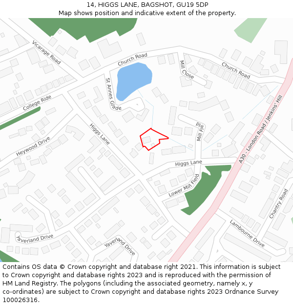 14, HIGGS LANE, BAGSHOT, GU19 5DP: Location map and indicative extent of plot