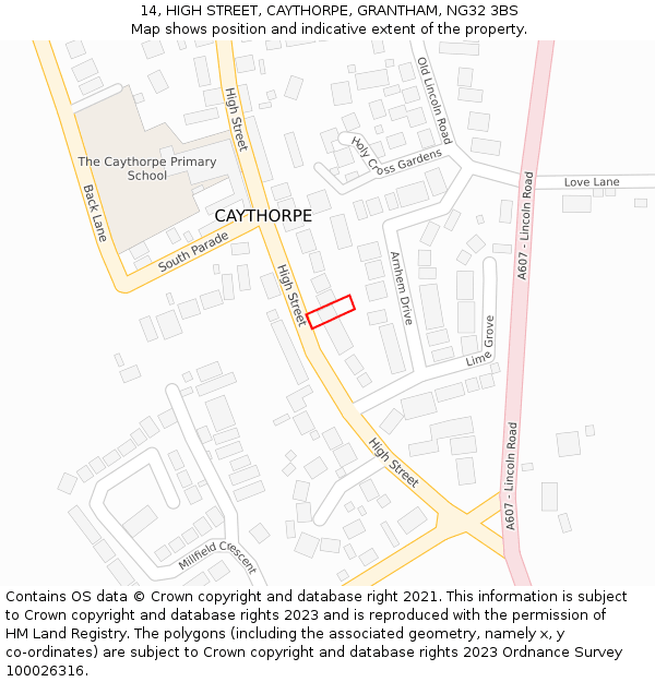 14, HIGH STREET, CAYTHORPE, GRANTHAM, NG32 3BS: Location map and indicative extent of plot