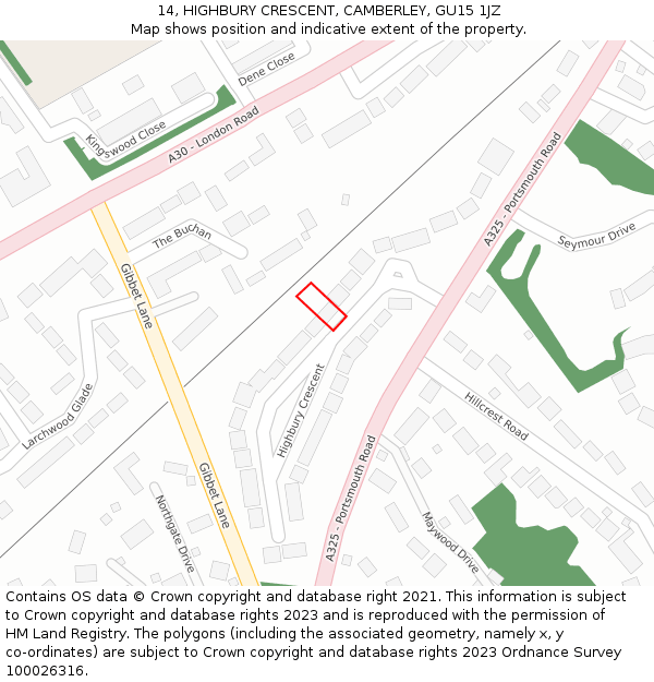 14, HIGHBURY CRESCENT, CAMBERLEY, GU15 1JZ: Location map and indicative extent of plot