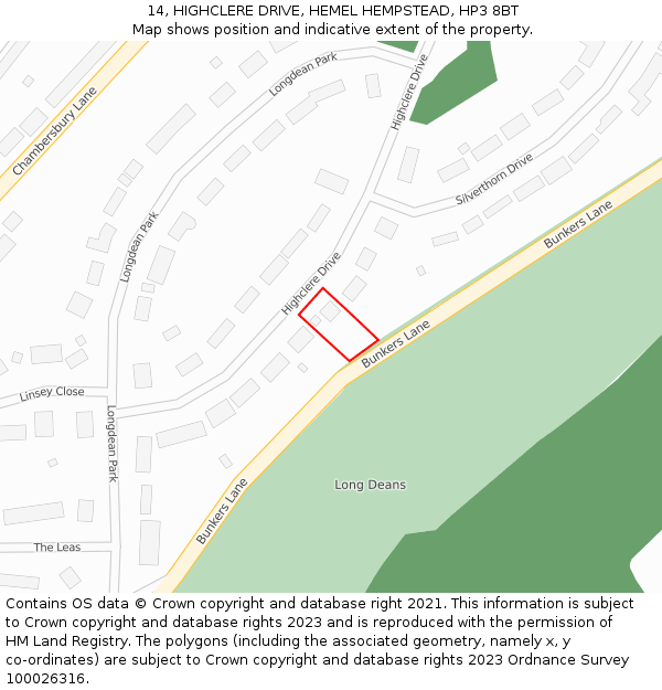 14, HIGHCLERE DRIVE, HEMEL HEMPSTEAD, HP3 8BT: Location map and indicative extent of plot