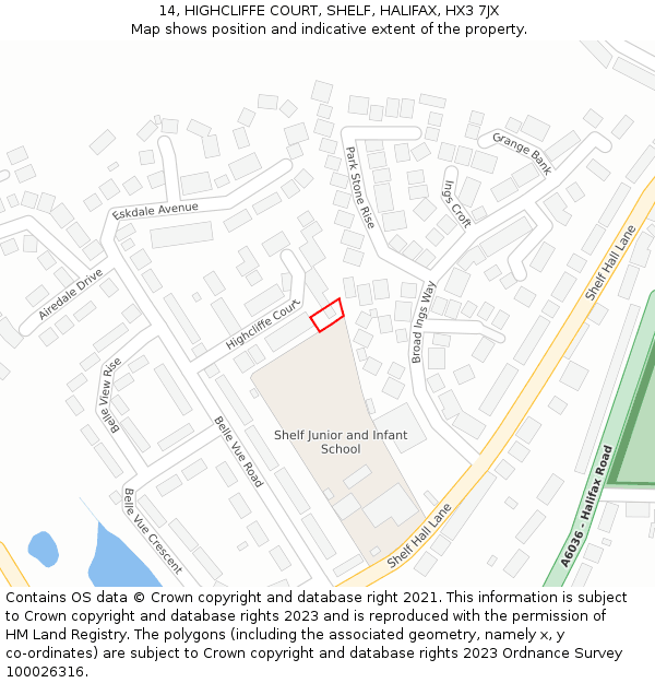 14, HIGHCLIFFE COURT, SHELF, HALIFAX, HX3 7JX: Location map and indicative extent of plot