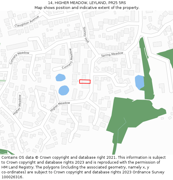 14, HIGHER MEADOW, LEYLAND, PR25 5RS: Location map and indicative extent of plot