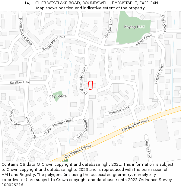 14, HIGHER WESTLAKE ROAD, ROUNDSWELL, BARNSTAPLE, EX31 3XN: Location map and indicative extent of plot