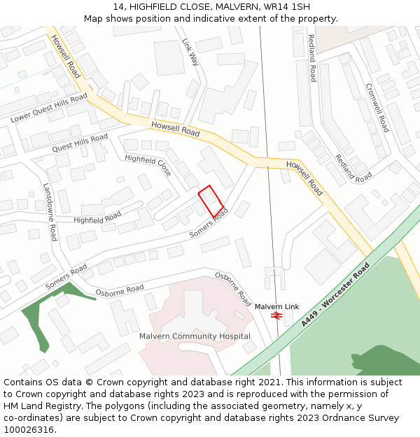 14, HIGHFIELD CLOSE, MALVERN, WR14 1SH: Location map and indicative extent of plot